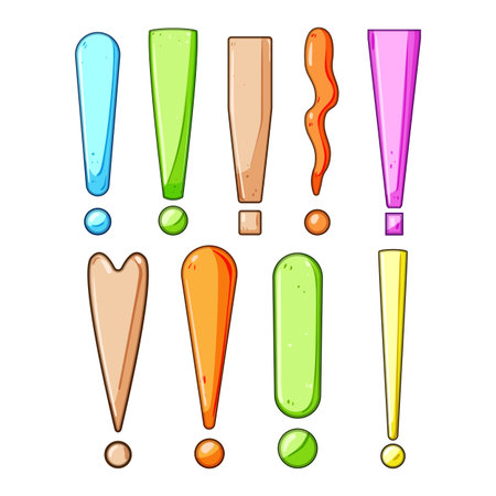 Cartoon collection of brightly colored exclamation marks in various shapes and styles, illustrating concepts like importance, emphasis, attention, surprise, and warning on a clean white backgroundのイラスト素材