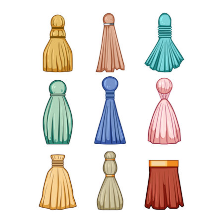 Variety of colorful decorative tassels and elegant fringes used for home decor, fashion accessories, or craft embellishments, presented as a vibrant cartoon illustration setのイラスト素材