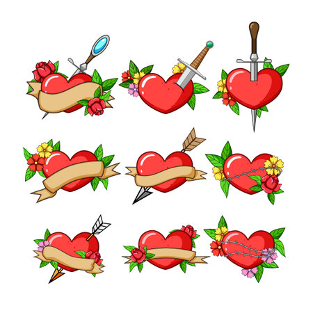 Set of nine traditional tattoo style red hearts depicting love and passion, often pierced by arrows or swords, or wrapped in barbed wire, offering themes of romance and heartacheのイラスト素材