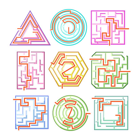 Nine different colorful maze games with highlighted solutions, providing a range of problem solving challenges and brain training activities for children and adultsのイラスト素材