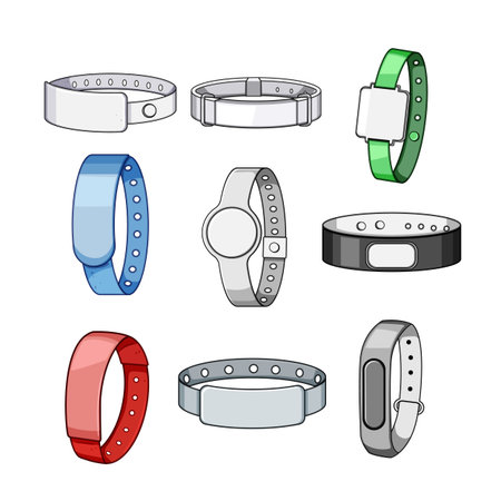 Collection of cartoon wristbands depicting various identification, tracking, and access control devices, including medical, event, and fitness applications, with different types and colorsのイラスト素材