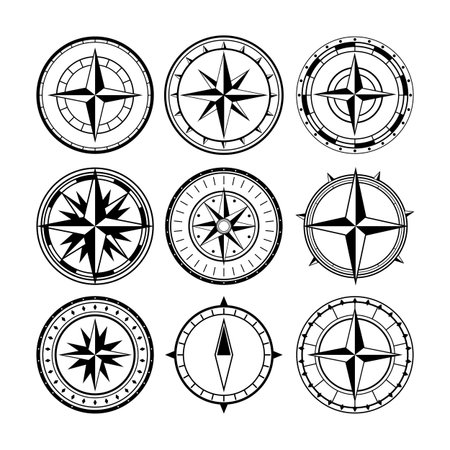 Set of diverse compass rose designs providing vector graphics for navigation, exploration, and travel concepts, perfect for mapping and maritime themesのイラスト素材