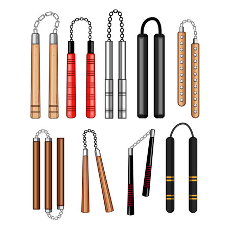 Set of nunchaku weapons showing various types, materials and designswood, metal, foam and chain connected sticks for martial arts training, self defense and practiceのイラスト素材