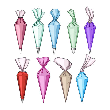 Assortment of vibrant pastry bags filled with different colored icing, ready for decorating cakes, cupcakes, and cookies, representing baking creativity and confectionery suppliesのイラスト素材