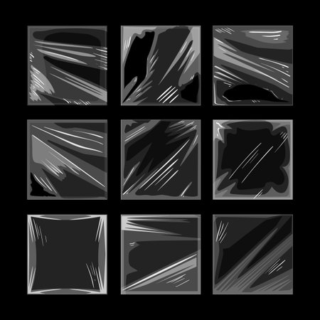 Square surfaces showing textured plastic wrap distortion with highlights and shadows, creating a versatile background for packaging or abstract design conceptsのイラスト素材