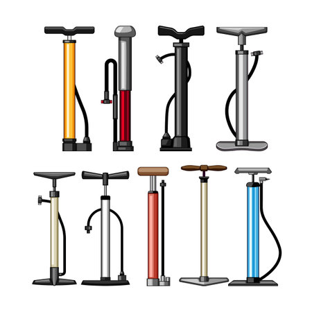 Floor pumps and hand pumps forming a diverse collection of airing tools for bike tires, showing various designed shapes, colors, and styles for inflating wheels and sports equipmentのイラスト素材