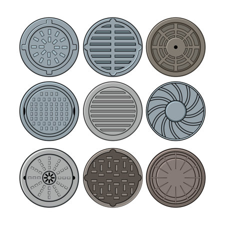 Collection of round metal manhole covers and storm drain grates for water drainage and subterranean utility access, illustrating diverse patterns for urban street useのイラスト素材
