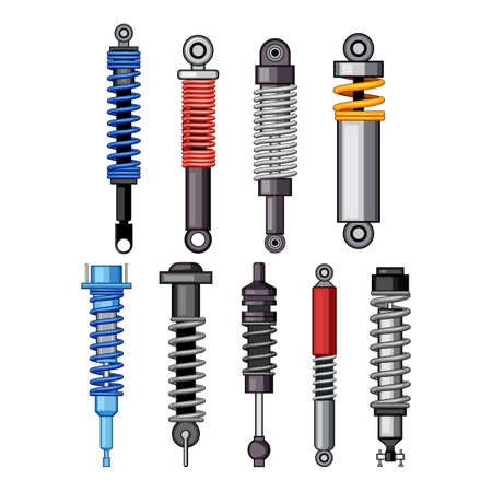 Various types of shock absorbers and spring coil assemblies representing vehicle suspension components, providing damping and comfort for different automotive applications and engineering needsのイラスト素材