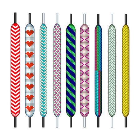 Collection of varied shoelaces in different colors and patterns, including hearts, chevrons, and stripes, illustrating options for fashion, customization, and individual expressionのイラスト素材