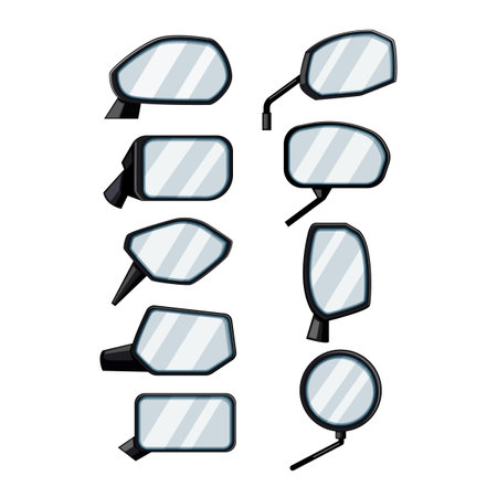 Side and rear view mirrors arranged as a stylized collection of assorted shapes and designs, illustrating vehicle mirrors, safety accessories and reflective automotive components for drivingのイラスト素材