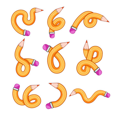 Collection of yellow pencils with pink erasers twisting and knotting into dynamic forms, illustrating concepts of flexibility, creativity, and unconventional thinkingのイラスト素材