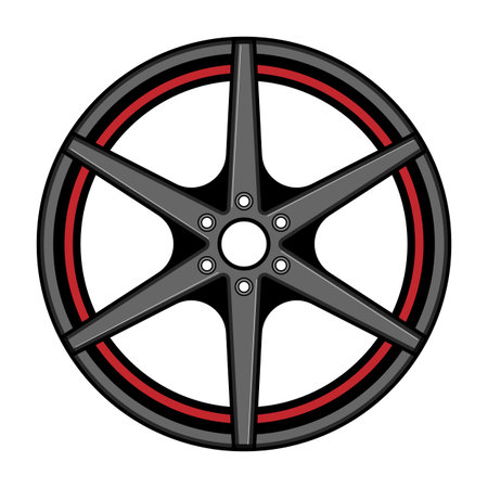 Stylized illustration of a six spoke alloy wheel, presenting a sleek design with a black rim and contrasting red stripe, representing automotive performance and vehicle customizationのイラスト素材