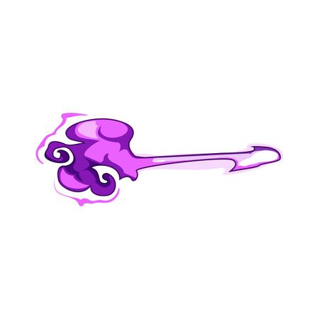 Stylized purple energy projectile with glowing trail and smoke, game style spell or laser shot, dynamic fast moving burst for fantasy and sci fi digital art, isolated on whiteのイラスト素材