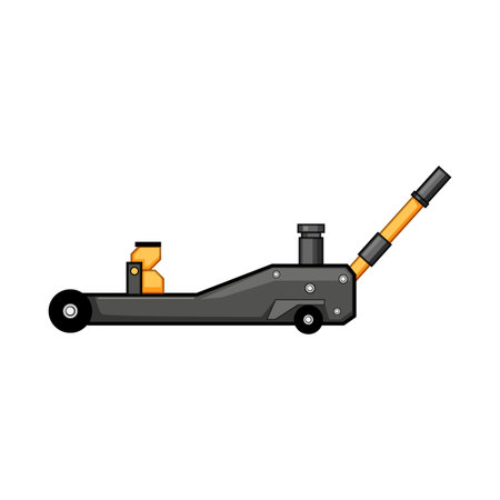 Hydraulic floor jack showcasing an essential tool for lifting vehicles, performing automotive maintenance, and changing tires in a garage or workshop settingのイラスト素材