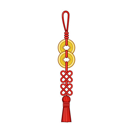 Traditional Chinese lucky knot with two ancient gold coins and red tassel, symbolizing good fortune, wealth and prosperity for celebrations like Chinese new year, isolated on whiteのイラスト素材
