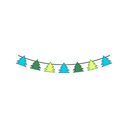 Festive string of assorted pine tree shapes with different patterns and vibrant colors creating a cheerful design, symbolizing holiday celebrations and winter joyのイラスト素材