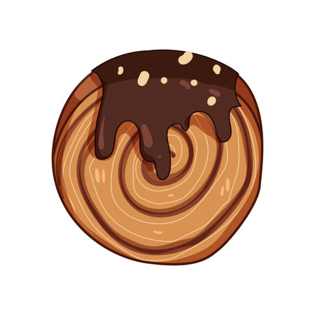 Cromboloni spiral pastry illustration topped with glossy dark chocolate sauce and crunchy chopped nuts, cute vector cartoon style on white background for bakery useのイラスト素材