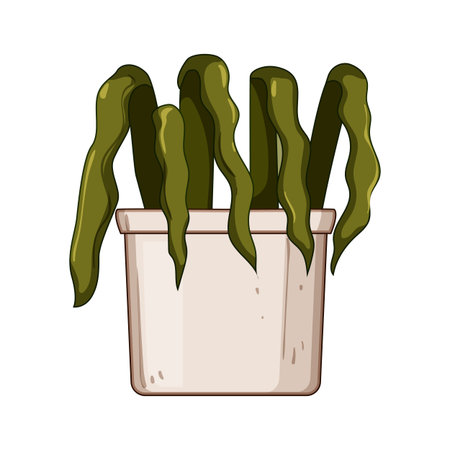 Potted plant displaying drooping, lifeless leaves, illustrating concepts of drying, dying, dehydration, poor health, neglect, and lack of care on a white backgroundのイラスト素材