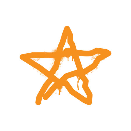 Orange five pointed star symbol created with active spray paint effect, featuring drips and texture, representing rating, quality, or street art styleのイラスト素材