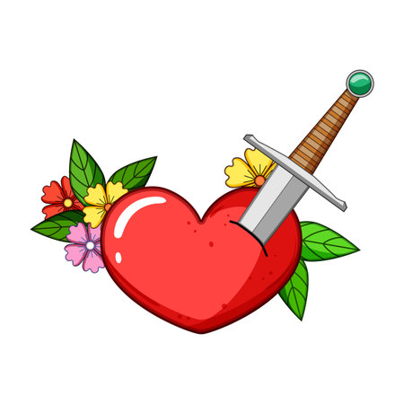Red heart pierced by a steel dagger with green leaves and vibrant flowers conceptualizing themes of love, pain, betrayal, and passion in a graphic illustrationのイラスト素材