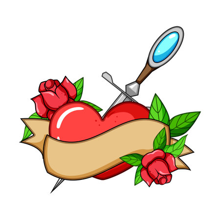 Classic design featuring a red heart pierced by a sword, surrounded by vibrant roses and a customizable ribbon banner, representing intense love, passion, or sacrificeのイラスト素材