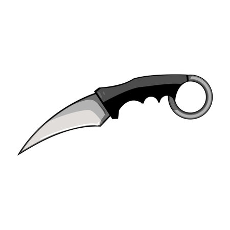 Karambit knife illustration with curved blade and finger ring handle symbolizing danger, self defense, tactical combat, security, close quarters fighting, gaming and martial arts themesのイラスト素材