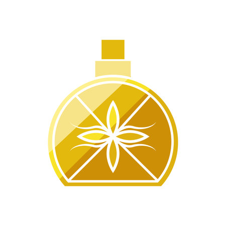 Golden perfume bottle with ornate floral pattern and glossy finish, evoking luxury, elegance and premium fragrance branding for fashion, beauty and high end cosmetic conceptsのイラスト素材