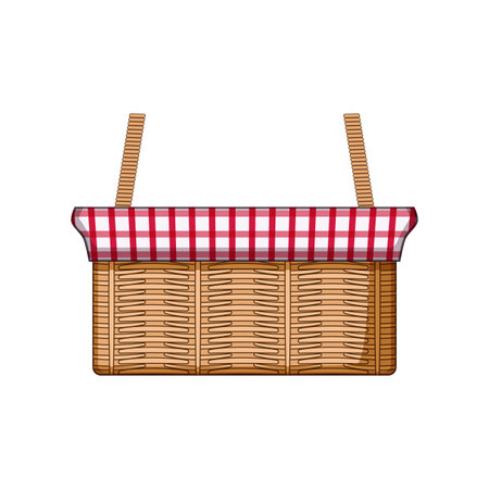 Picnic basket design representing outdoor dining and leisure, showing traditional woven material with a checkered red and white fabric top, evoking summer relaxation and food sharingのイラスト素材