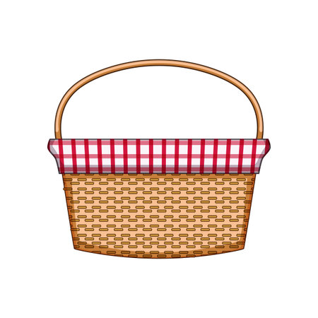 Wicker picnic basket presenting a classic checkered red and white cloth, featuring a sturdy handle and traditional woven texture, ready for outdoor meals and leisure activitiesのイラスト素材
