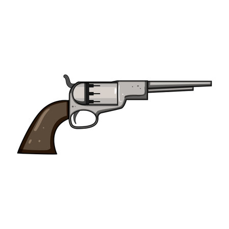 Old style single action revolver with long barrel and wooden grip on white background, vintage firearm symbolizing self defense, crime, law, wild west history and dangerのイラスト素材
