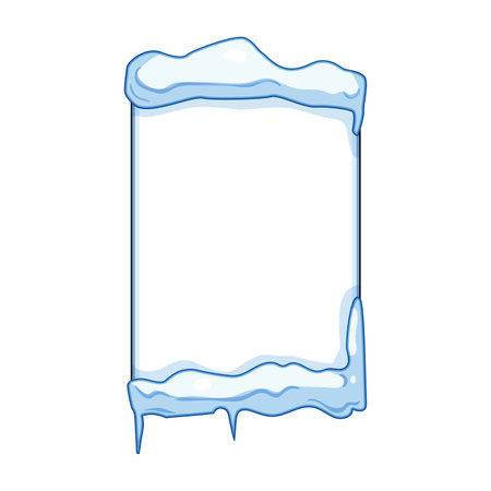 Blank vertical frame showing a festive winter and Christmas theme with snowy top and bottom edges, featuring shimmering ice and dangling icicles, perfect for seasonal designsのイラスト素材