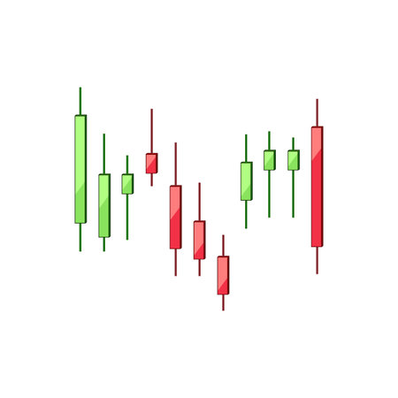 Candlestick chart showing financial market price movements and trends for stocks, forex and crypto, red and green candles indicate bullish and bearish patterns, gains and lossesのイラスト素材