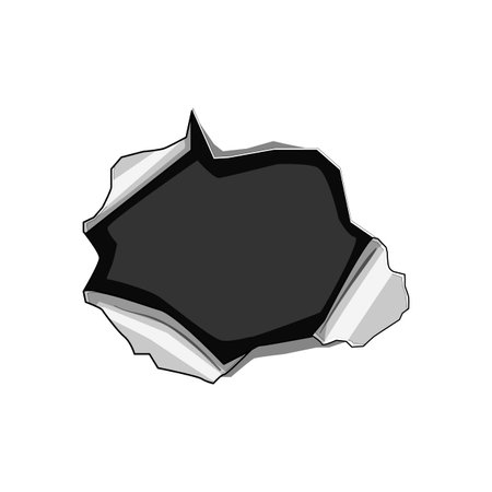 Torn metal piercing a white background, forming a dark jagged hole with rough edges industrial, distressed texture evoking damage, breakthrough, rupture, and impactのイラスト素材