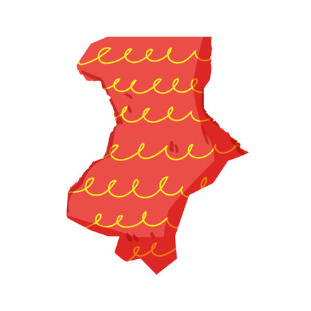 Abstract torn paper shape featuring a vibrant red color and horizontal yellow wavy lines, creating a dynamic background element for various design projectsのイラスト素材