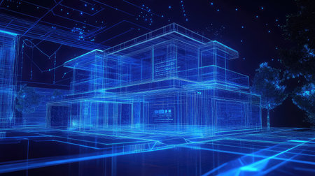technology futuristic wireframe model of vr property data stream