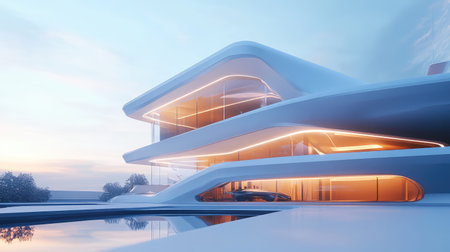 design realistic 3d style futuristic rendering of a suburban house