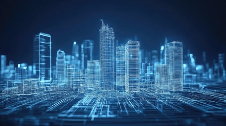 innovation high tech rotating property with city skyline view