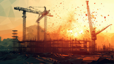 poly exploded view of construction site in low poly style