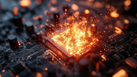 semiconductor 3d render style of a bursting semiconductor