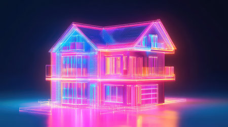 design constructing a suburban house in a neon glow style