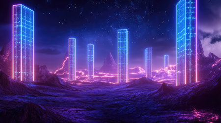 technology neon lit holographic display of empty land