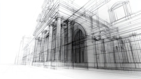 building wireframe style of a warped bank building