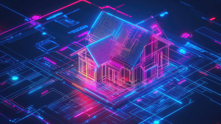 glow creating a house blueprint in a neon glow style