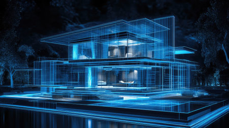 blueprint high tech schematic style x ray of a luxury villa