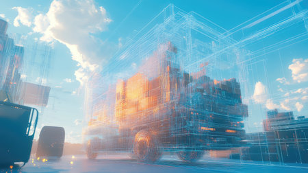view futuristic wireframe depiction of a moving day scene exploding into view