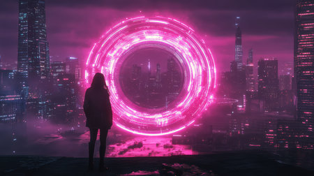 hologrm illuminating a digital gateway in a cyberpunk style