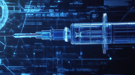 blueprint high tech schematic of a stylized syringe animation