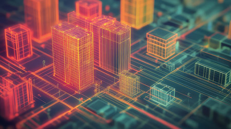 x high tech schematic of an urban city block x ray