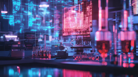 holo glitch style holographic projection of a biotech lab