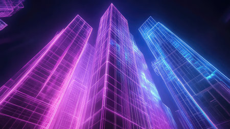 holoprojection neon glow of a skyscrapers holographic projection